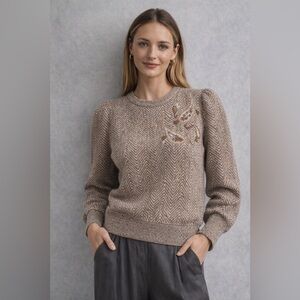 Vintage Alpaca Blend Embroidered Puff Shoulder Sweater Chevron Neutral M